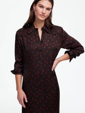 Silky viscose black and Red Floral Button-Front Women's Shirt Dress